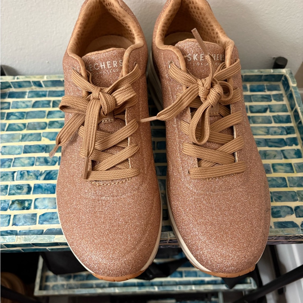 Skechers Women’s Glitter Rose Gold Lace-Up Sneakers